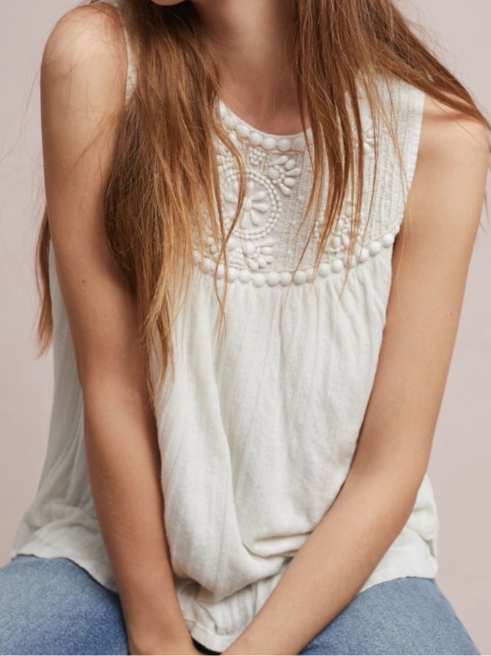 Moulinette Soeurs Cream Embroidered Pom-Trim Sleeveless Tank